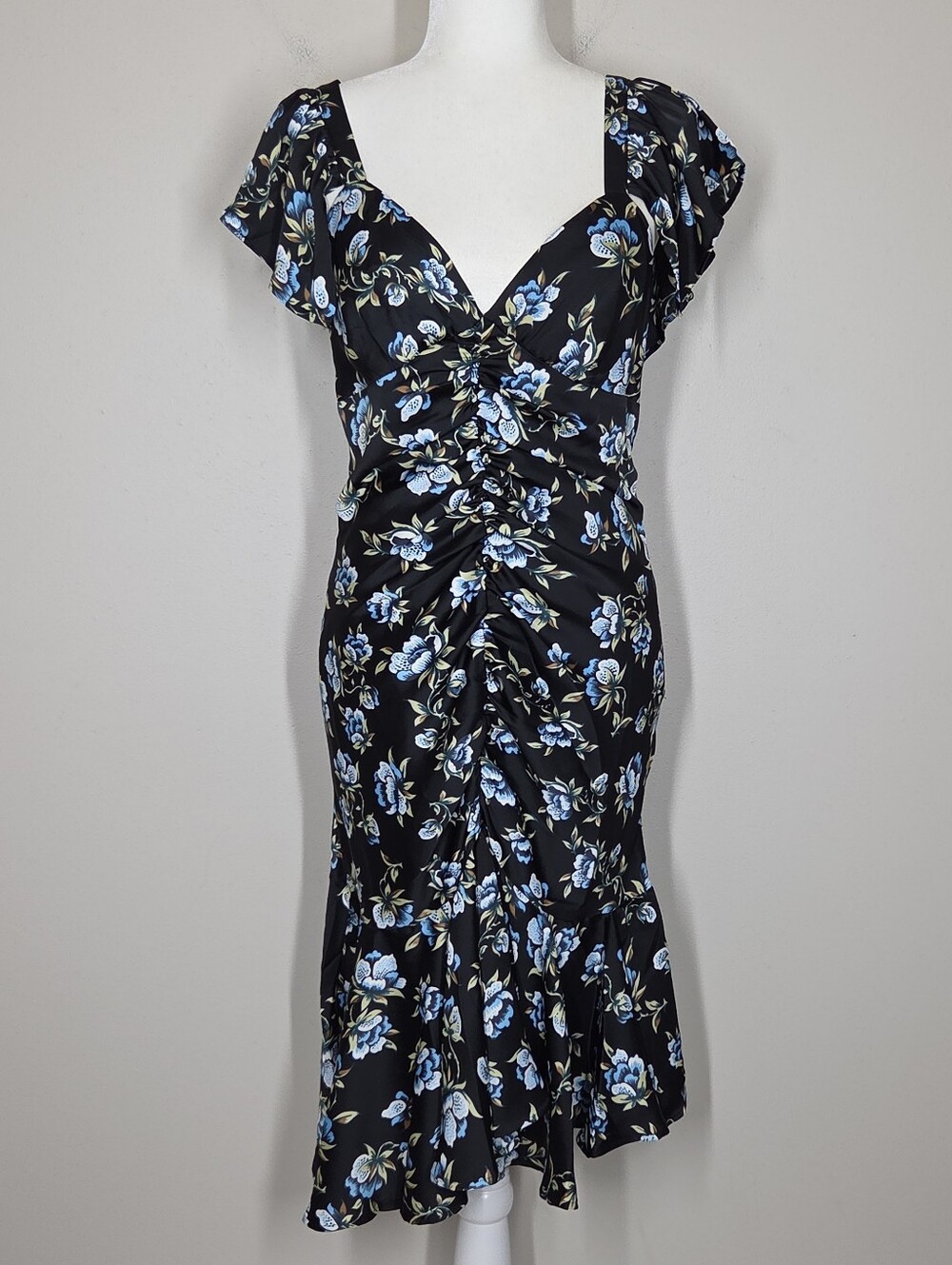 NWT By Anthropologie Sweetheart Ruched Drop Waist Dark Floral Midi Dress M Fairy